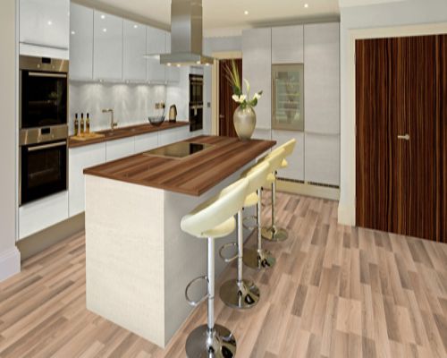 Sàn gỗ công nghiệp Thaixin lắp đặt ở phòng bếp